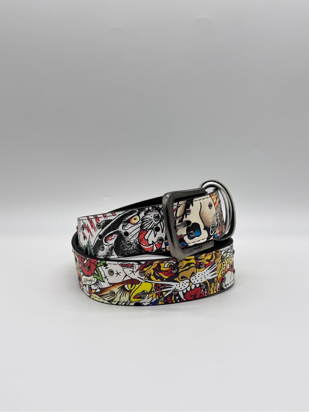 Ed Hardy Tattoo Print Studded Belt White All Over Skull Tiger Vegan Leather 32